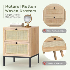 Rattan Nightstand with Drawers, End Table, Bedside Table Set of 2, natural