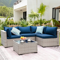 All Weather Outdoor Couch with Tempered Glass Coffee Table & Olefin Cushions for Deck Backyard ,Navy blue