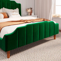 Queen Size Velvet Bed Frame Upholstered Platform Bed with Vertical Headboard and Footboard,Green
