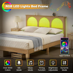Platform Bed Frame with LED Lights and Rattan Headboard, Wooden Support Legs, No Box Spring Needed, Easy Assembly