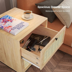 Rattan Nightstand with Drawers, End Table, Bedside Table Set of 2, natural