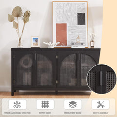 Kitchen Buffet Storage Cabinet with Retro Design, Artificial Rattan Doors, and Metal Handles - Spacious Buffet Table for Dining,Black