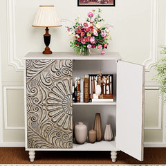 Accent Cabinet w Doors & Shelf,Rustic Boho Decorative Cabinet w Wood Grain Finish