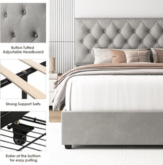 Full Size Bed Frame with 4 Storage Drawers, Grey