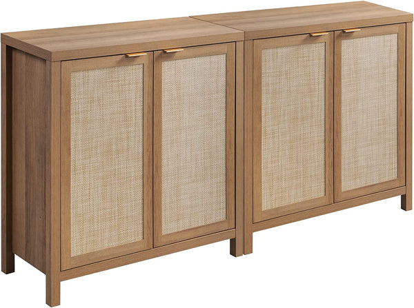 Rattan Sideboard Buffet Cabinet Set of 2 - Farmhouse Kitchen Coffee Bar Cabinet with Rattan Decorated Doors