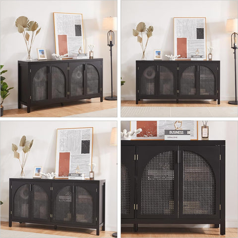 Kitchen Buffet Storage Cabinet with Retro Design, Artificial Rattan Doors, and Metal Handles - Spacious Buffet Table for Dining,Black