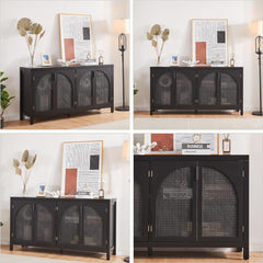 Kitchen Buffet Storage Cabinet with Retro Design, Artificial Rattan Doors, and Metal Handles - Spacious Buffet Table for Dining,Black