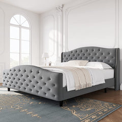Modern Upholstered King Bed Frame,Button Tufted Headboard and Footboard Design Solid Wooden Slat Support Easy Assembly, Grey