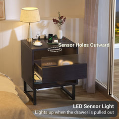 Set of 2 with Charging Station and LED Light, Bedside Table with Large Storage Drawer for Bedroom, Black Night Stand Modern End Table Sofa Side, Black Ebony Wood Color