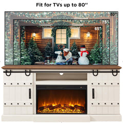Farmhouse Entertainment Center with Sliding Barn Doors, Rustic Media Console Table with Storage Cabinets for Living Room, Antique White