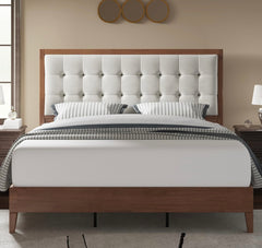 Mid Century Modern Wooden Platform Bed Frame with Upholstered Tuft Headboard Fluted Leg Base, Bed,Walnut