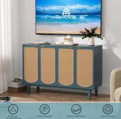 Sideboard Buffet Cabinet with 4 Rattan Doors, Accent Storage Cabinet with Shelves, Free Standing TV Console Table, Modern Teal Cabinet for Kitchen, Dining Room, Living Room, Bedroom, Hallway