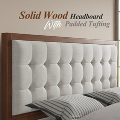 Mid Century Modern Wooden Platform Bed Frame with Upholstered Tuft Headboard Fluted Leg Base, Bed,Walnut