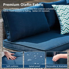 All Weather Outdoor Couch with Tempered Glass Coffee Table & Olefin Cushions for Deck Backyard ,Navy blue