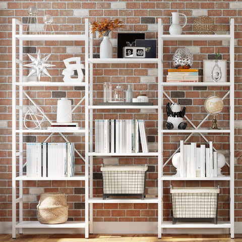 Bookcases and Bookshelves Triple Wide 5 Tiers Industrial Bookshelf, Large Etagere Bookshelf Open Display Shelves with Metal Frame
