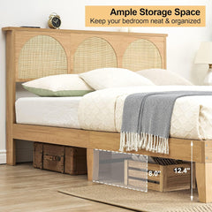 Platform Bed Frame with LED Lights and Rattan Headboard, Wooden Support Legs, No Box Spring Needed, Easy Assembly