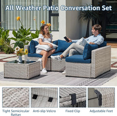 All Weather Outdoor Couch with Tempered Glass Coffee Table & Olefin Cushions for Deck Backyard ,Navy blue