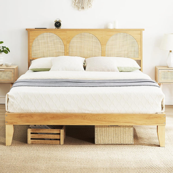Platform Bed Frame with LED Lights and Rattan Headboard, Wooden Support Legs, No Box Spring Needed, Easy Assembly