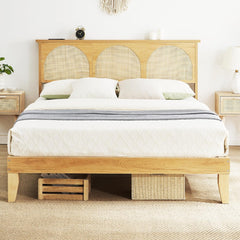 Platform Bed Frame with LED Lights and Rattan Headboard, Wooden Support Legs, No Box Spring Needed, Easy Assembly