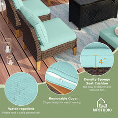 7 Piece Extra Large Wicker Patio Furniture Set, 2 x Single Chair, 2 x Ottoman, 3-Seat Sofa, All-Weather Outdoor PE Rattan Patio Conversation Set for Garden, Backyard(Blue Cushions)