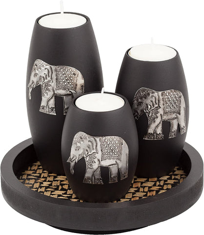 Tealight Candle Holders with Candle Tray Set of 3 Decorative Candle Holders Matte Wood Finish