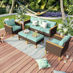 7 Piece Extra Large Wicker Patio Furniture Set, 2 x Single Chair, 2 x Ottoman, 3-Seat Sofa, All-Weather Outdoor PE Rattan Patio Conversation Set for Garden, Backyard(Blue Cushions)