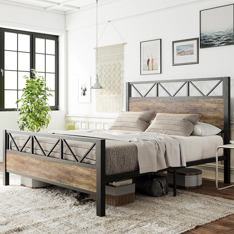 Full Size Bed Frame, 51.2" Tall Headboard, Platform Bed with Strong Supports, Solid and Noise Free, No Box Spring Needed, Easy Assembly, Rustic Maple