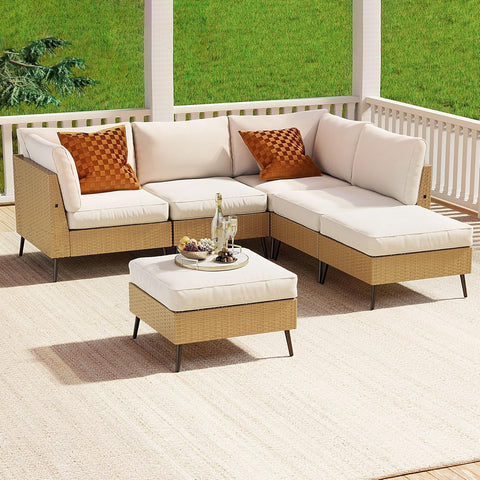 Outdoor Sectional Furniture, 6 Pieces Outdoor Patio Furniture Sets PE Rattan Wicker Sofa Set, All Weather Patio Conversation Set with Cushion and Ottoman for Deck, Lawn and Pool