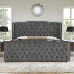 King Size Platform Bed Frame, Velvet Upholstered Bed with Deep Button Tufted & Nailhead Trim Wingback Headboard/No Box Spring Needed/Grey