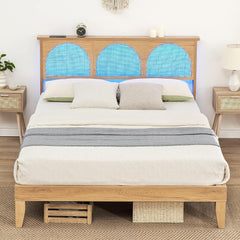 Platform Bed Frame with LED Lights and Rattan Headboard, Wooden Support Legs, No Box Spring Needed, Easy Assembly