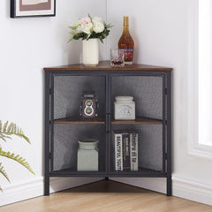 Corner Cabinet/Table, 3-Tier Shelves with Protection Door, Metal Frame Storage Shelf Organizer for Small Space, Living Room, Kitchen, Bathroom, Set of 1, Brown