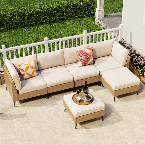 Outdoor Sectional Furniture, 6 Pieces Outdoor Patio Furniture Sets PE Rattan Wicker Sofa Set, All Weather Patio Conversation Set with Cushion and Ottoman for Deck, Lawn and Pool