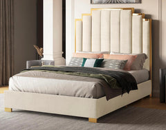 Platform Bed Frame, 61.4" Velvet Upholstered Bed with Gold Trim Headboard/Wooden Slats/No Box Spring Needed/Grey Queen