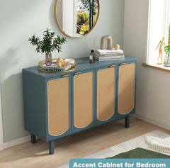 Sideboard Buffet Cabinet with 4 Rattan Doors, Accent Storage Cabinet with Shelves, Free Standing TV Console Table, Modern Teal Cabinet for Kitchen, Dining Room, Living Room, Bedroom, Hallway