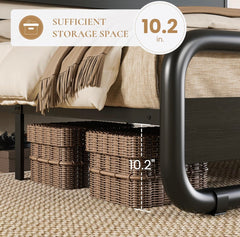 Queen Size Metal Bed Frame with Wooden Headboard and Footboard, Heavy Duty Oval-Shaped Platform Bed with Under-Bed Storage, Noise Free, No Box Spring Needed, Black
