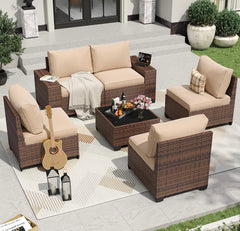 6 Pieces Patio Furniture Set Wicker Rattan Outdoor Sectional Conversation Set with Coffee Table and 4” Thickened Cushions, Beige (Waterproof Cover Included)