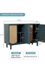 Sideboard Buffet Cabinet with 4 Rattan Doors, Accent Storage Cabinet with Shelves, Free Standing TV Console Table, Modern Teal Cabinet for Kitchen, Dining Room, Living Room, Bedroom, Hallway