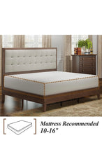 Mid Century Modern Wooden Platform Bed Frame with Upholstered Tuft Headboard Fluted Leg Base, Bed,Walnut