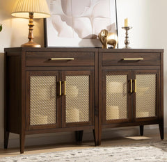 Sideboard Buffet Cabinet Set of 2, Wooden Credenza Storage Cabinet with Drawers and Metal Mesh Doors, Mid Century Modern Console Coffee Bar for Living Room and Entryway, Espresso Walnut