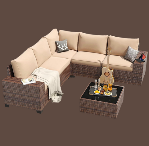 6 Pieces Patio Furniture Set Wicker Rattan Outdoor Sectional Conversation Set with Coffee Table and 4” Thickened Cushions, Beige (Waterproof Cover Included)