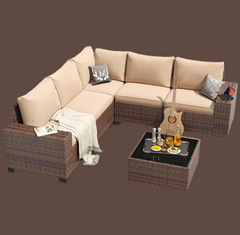 6 Pieces Patio Furniture Set Wicker Rattan Outdoor Sectional Conversation Set with Coffee Table and 4” Thickened Cushions, Beige (Waterproof Cover Included)