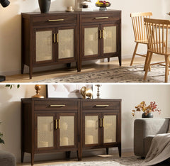 Sideboard Buffet Cabinet Set of 2, Wooden Credenza Storage Cabinet with Drawers and Metal Mesh Doors, Mid Century Modern Console Coffee Bar for Living Room and Entryway, Espresso Walnut