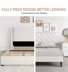 Queen Size Bed Frame, Velvet Upholstered Bed Frame with Vertical Channel Tufted Headboard, Low Profile Bed Design, No Box Spring Needed, Easy Assembly, Beige