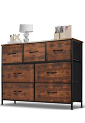 Dresser for Bedroom, 7 Storage Drawers, Wide Fabric Closet Chests Organizer Tower Furniture, TV Stand for TV up to 45 inch with Wooden Top Metal Frame for Clothes, Kids, Living Room, Hallway, Entryway