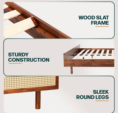 Queen Bed Frame and Headboard Unique Geometric, Mid Century Modern, Solid Acacia Wood, No Box Spring Needed, 12 Strong Wood Slats Support, Easy Assembly, Dark Chocolate