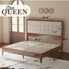 Mid Century Modern Wooden Platform Bed Frame with Upholstered Tuft Headboard Fluted Leg Base, Bed,Walnut