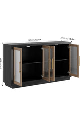 Buffet Cabinet with Storage, 55.1" Large Sideboard Buffet Cabinet, Modern Sideboard Kitchen Cabinet with 4 Fluted Glass Doors, Wood Coffee Bar Cabinet Buffet Table for Kitchen, Black/Brown