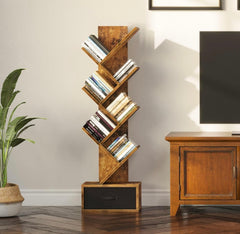7 Tier Tree Bookshelf, Industrial Wood Bookcase, Vintage Storage Rack with Open Shelves, Rustic Standing Bookshelves Display Rack for Living Room, Bedroom, Rustic Brown Black