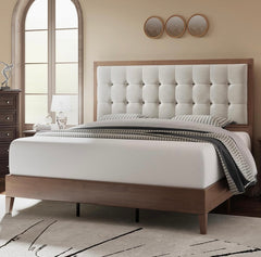 Mid Century Modern Wooden Platform Bed Frame with Upholstered Tuft Headboard Fluted Leg Base, Bed,Walnut