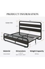 Queen Size Metal Bed Frame with Wooden Headboard and Footboard, Heavy Duty Oval-Shaped Platform Bed with Under-Bed Storage, Noise Free, No Box Spring Needed, Black